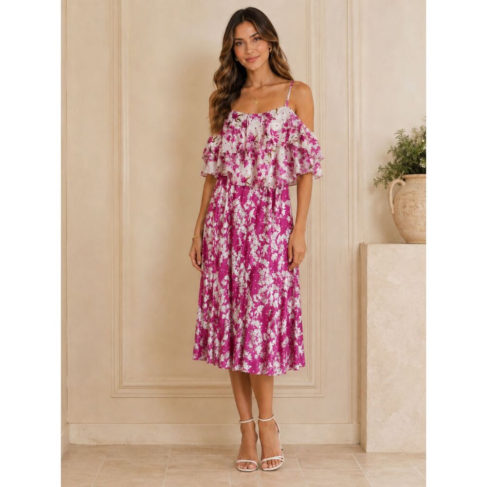 AMUR Judah 100% Silk Women’s Size 4 Floral Ruffle Midi Dress Pink Ivory